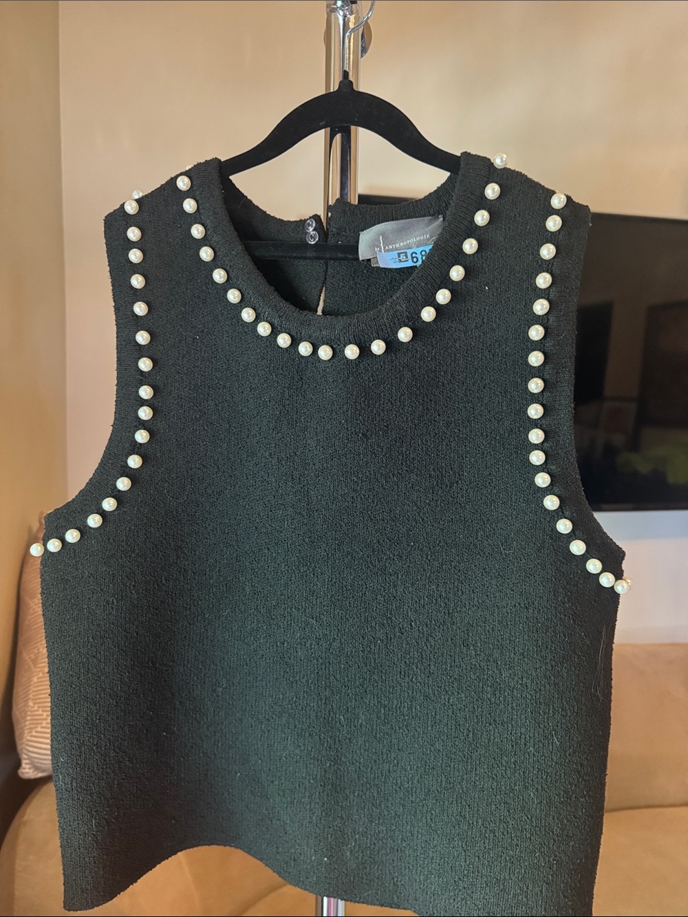 Anthropologie Black Pearl-Trim Sleeveless Knit Top